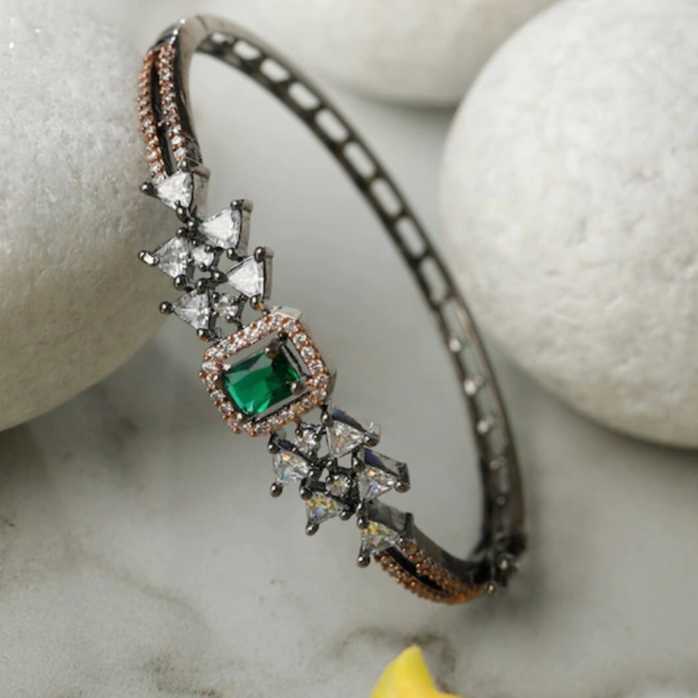 Green & Gold Brass American Diamond Bangle-Style Bracelet
